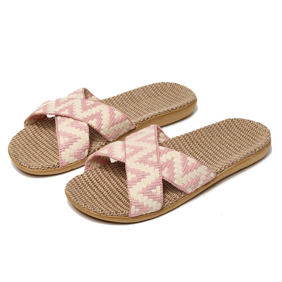 (pink, 35-36) Summer Linen Slippers For Women 36-45 Flat Sandals Lightweight Eva Home Slippers