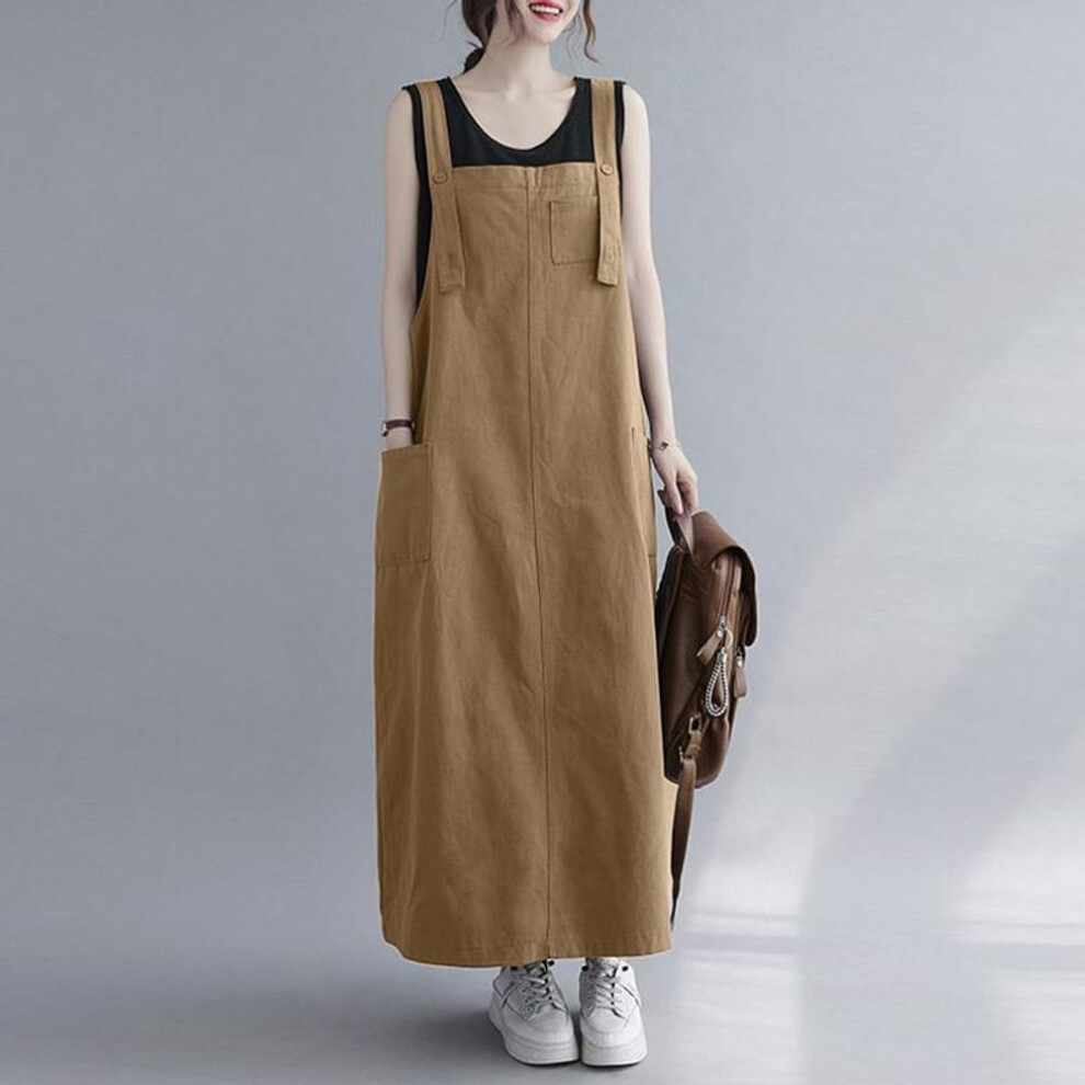 (khaki, 3XL) ZANZEA Women Casual Square Collar Sleeveless Straps Overalls Dress