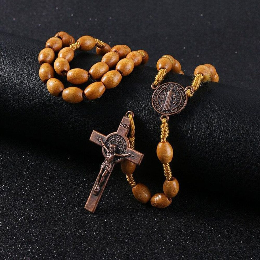 Handmade Weave Saint Benedict Medal Antique Wooden Rosary Cross Necklace Vintage Catholic Religious Jesus Jewelry