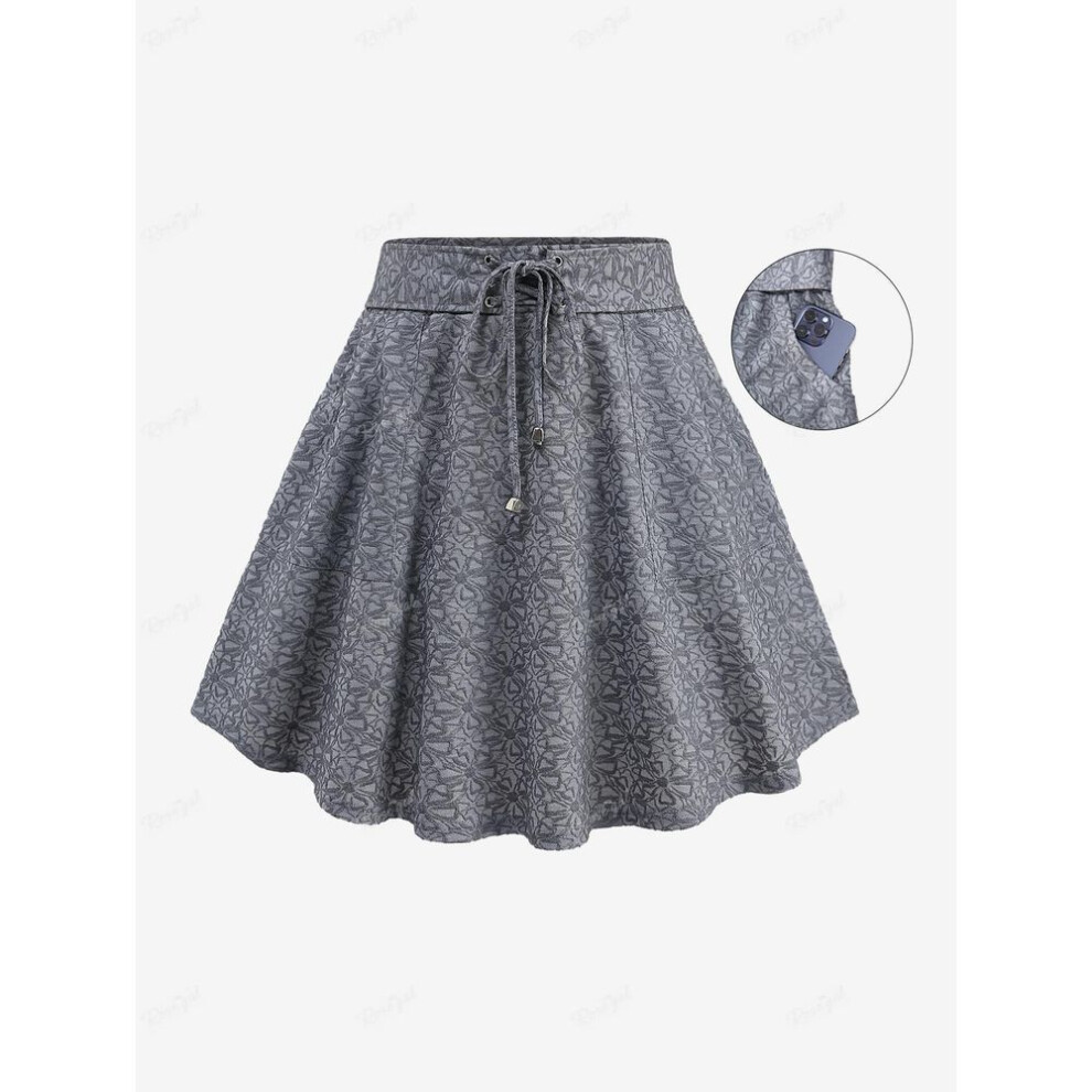 (gray, M) Rosegal Plus Size Daisy Terry Jacquard Lace Up Pockets A Line Skirt
