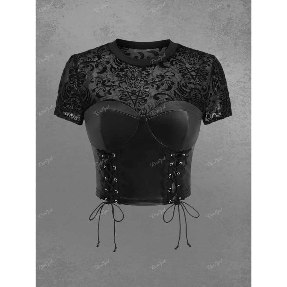 (black, M) Rosegal Gothic Vintage Floral Pentagram Mesh Flocking PU Panel Lace Up Cropped Patchwork Top
