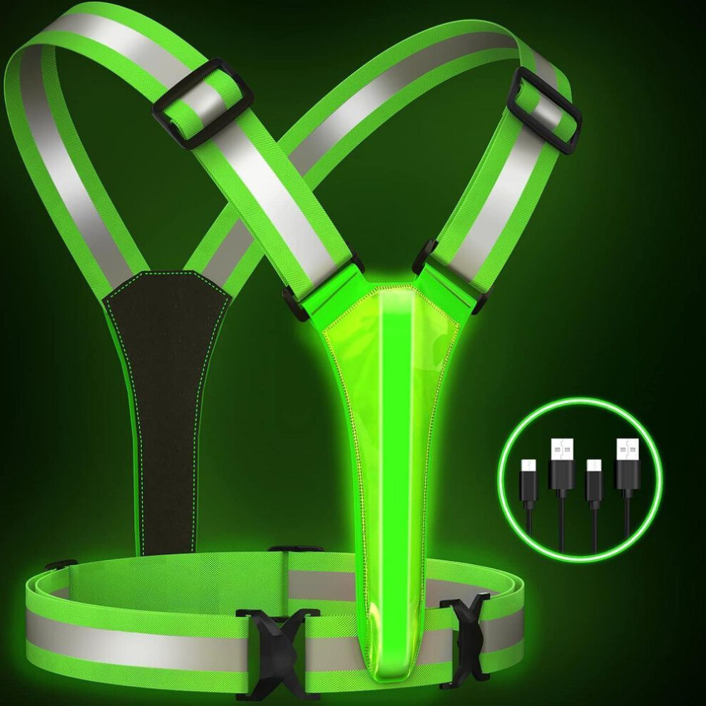 (green) LED Reflective Vest Running Gear, USB Rechargeable Light Up Safety Vest for Walking at Night for Runners Walkers Bikers with Adjustable  Vest