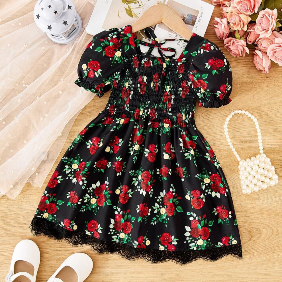(black, 4-5 Years) Hibobi Toddler Girl&apos;s Elegant Style Rose Print Lace Short-sleeved Dress