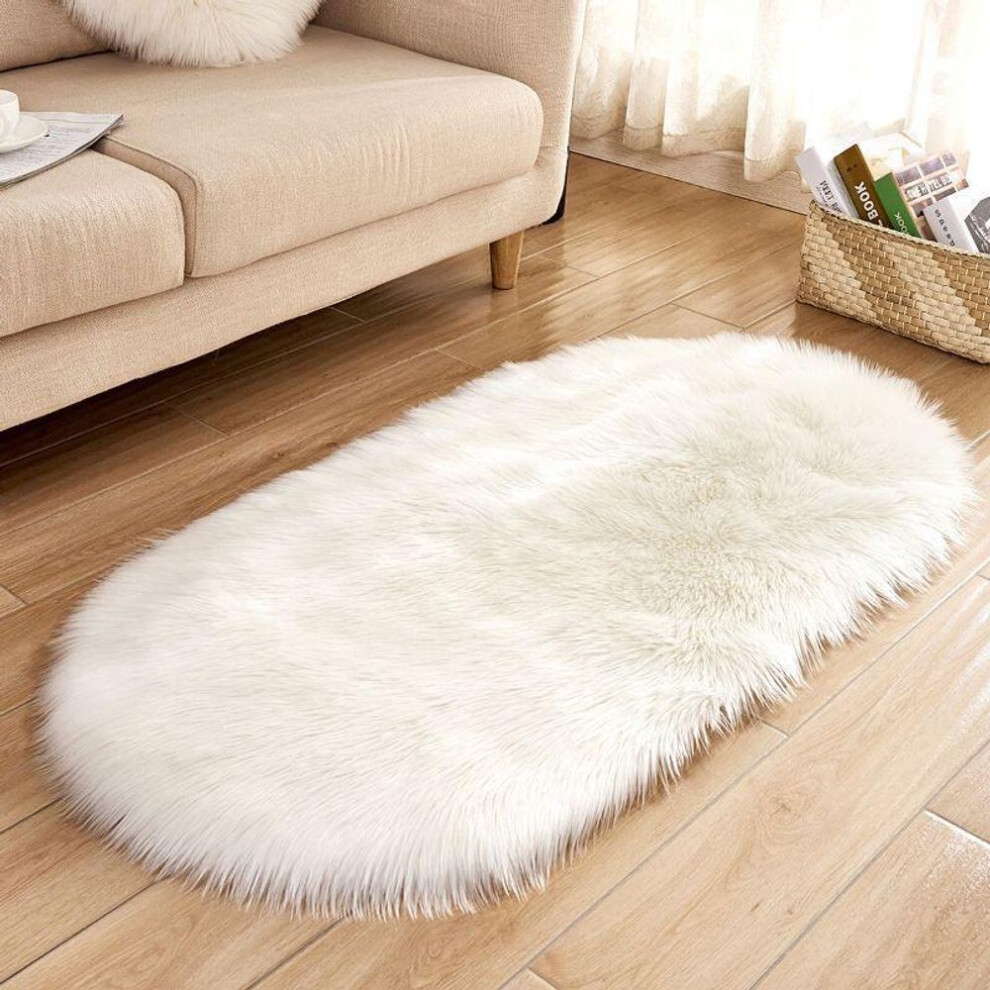 (white, 60*120cm) Oval Plush Rug Carpet Plush Rug Kids Bed Soft Solid Color Thick Floor Mat for Living Room Bedroom Home Decor
