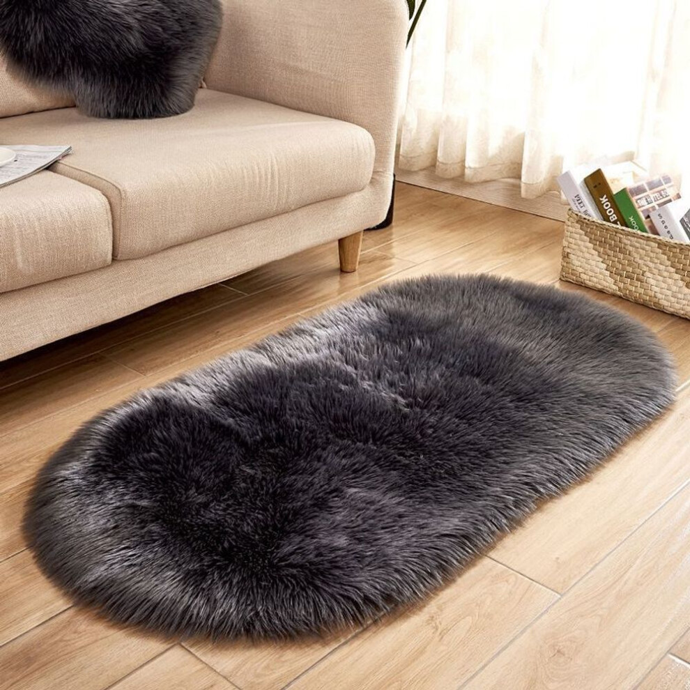 (dark gray, 60*180cm) Oval Plush Rug Carpet Plush Rug Kids Bed Soft Solid Color Thick Floor Mat for Living Room Bedroom Home Decor