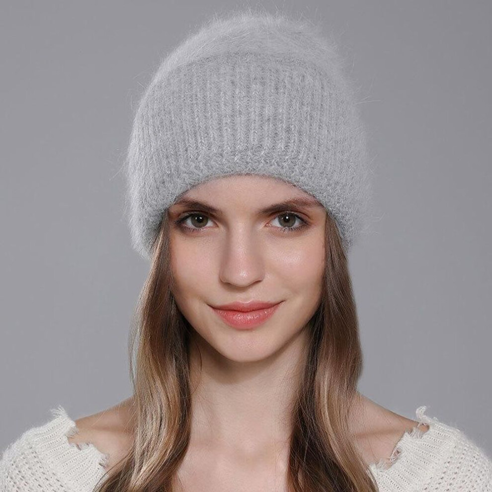 (grey, one size) Winter Angora Rabbit Hair Warm Hat Women's Knitted Wool Versatile Ear Protection Hats