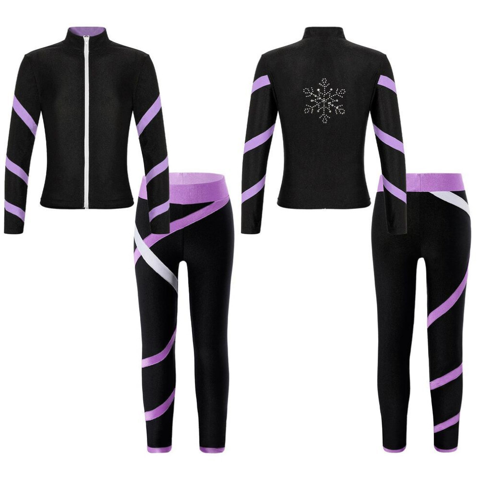 (light purple, 9-10 Years) Children 2pcs Activewear Set Girls Athletic Skater Fitness Workout Jacket Coat With Legging Gymnastics Swimwear Sports Outfits