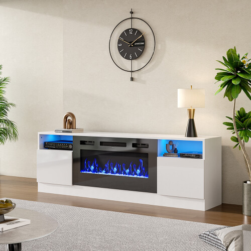 Living And Home (White) Recessed Electric Fireplace TV Stand with Remote Control