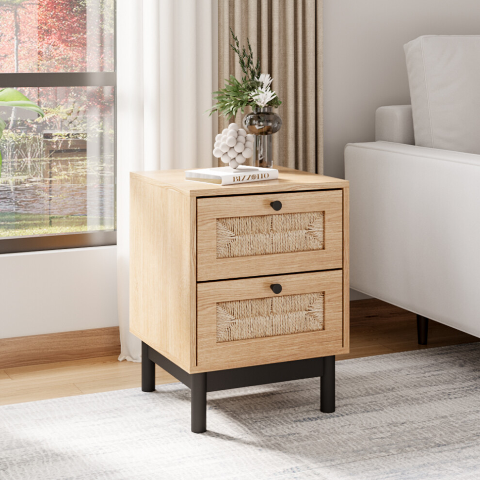 2-Drawer Woven Sofa Side Accent Table Cabinet Bedside Table