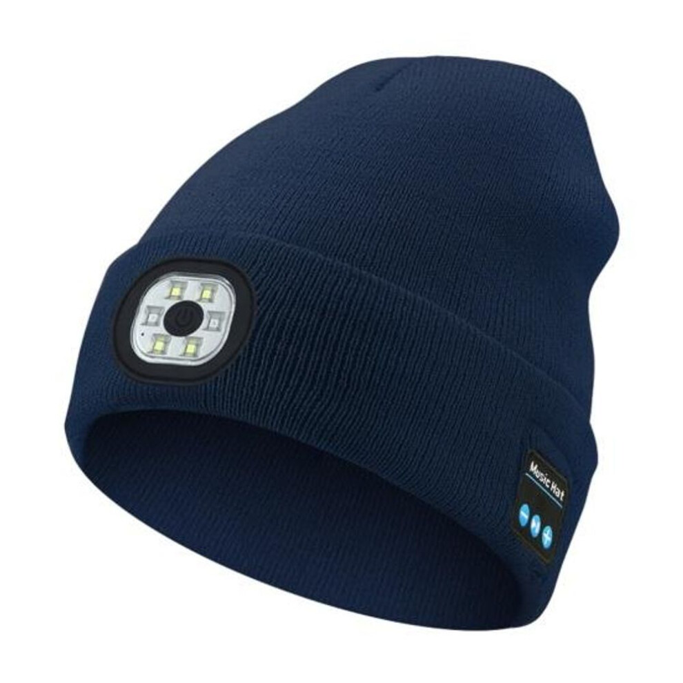 (navy blue) Bluetooth-compatible LED Hat Winter Warm Cap Knitted Elastic Soft Fabric Rechargeable High Brightness Illumination Wireless Music LED Light