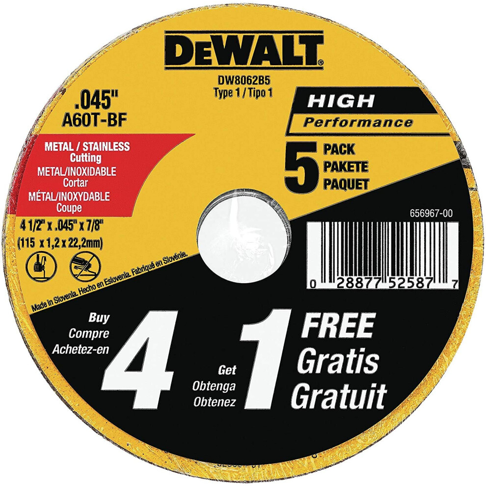 DEWALT 4-1/2 Inch Cut-Off Wheel Angle Grinder Cutting Disc General Purpose 5-Pack DW8062B5