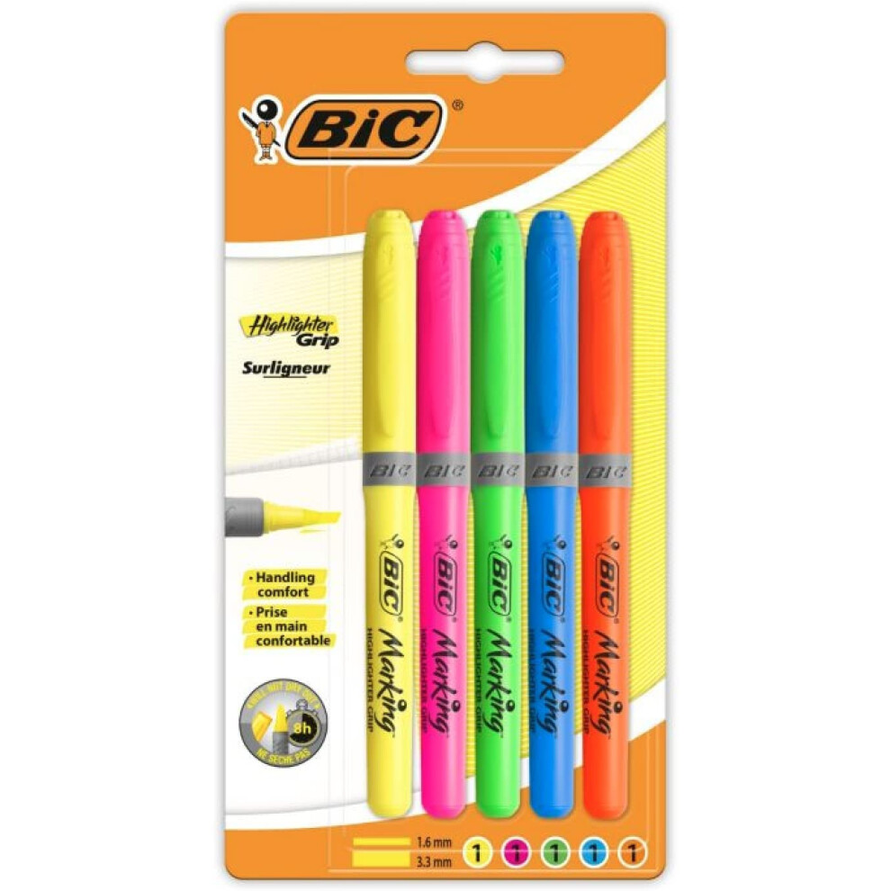 BiC Highlighter Grip Highlighter Pens With Chisel Tip Long-Lasting Ideal For School And Office Assorted Colours 5 Count Pack Of 1