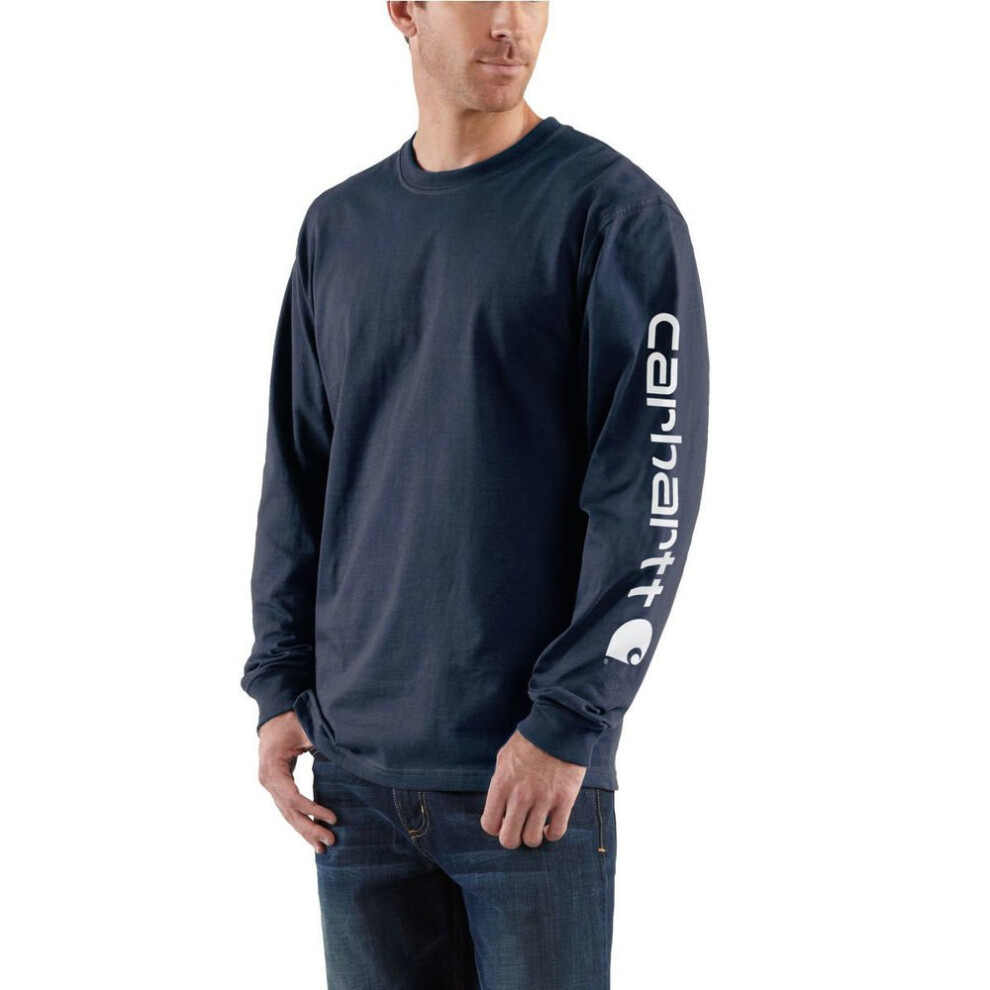 Carhartt Men's Loose Fit Heavyweight Long-Sleeve Logo Sleeve Graphic T-Shirt Navy Small