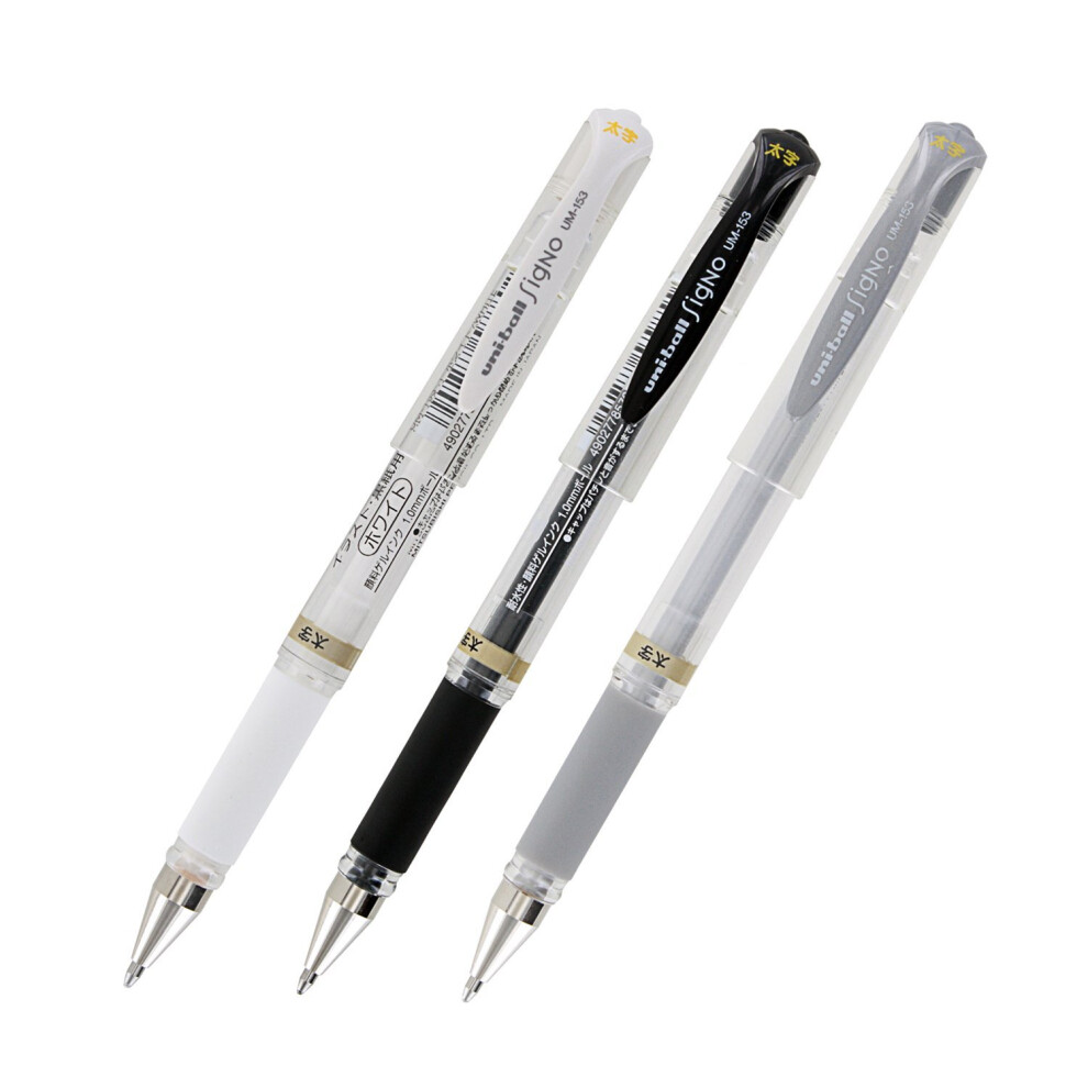 Uni-Ball Signo UM-153 Gel Ink Rollerball Pen 1.0mm Broad Point White Black And Silver Set Of 3