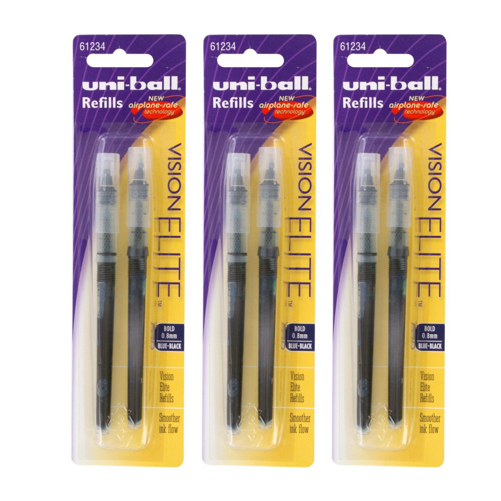 Uni-Ball Vision Elite Rollerball Pen Refills 0.8 Mm Bold Point Blue-Black Ink Pack Of 6