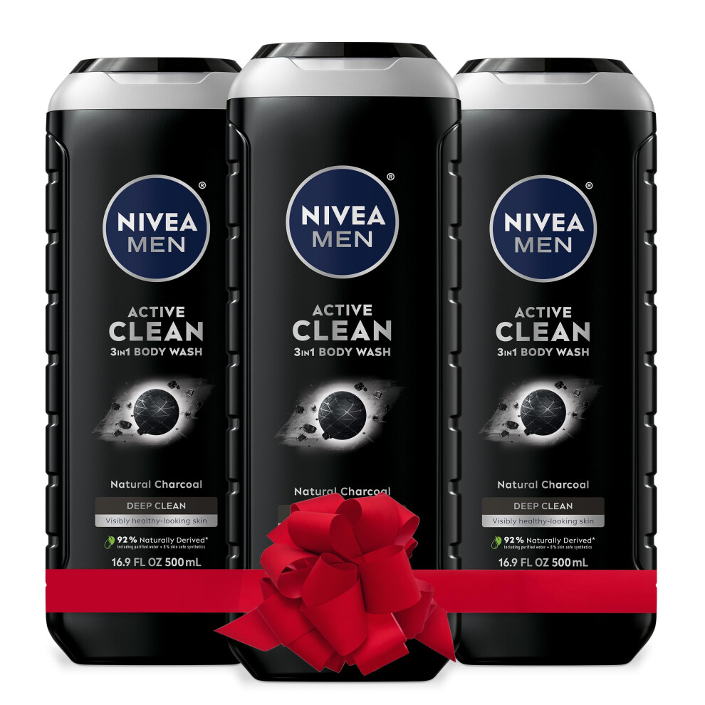 NIVEA MEN DEEP Active Clean Charcoal Body Wash Exfoliating Body Wash For Men With Natural Charcoal 3 Pack Of 16.9 Fl Oz Bottles