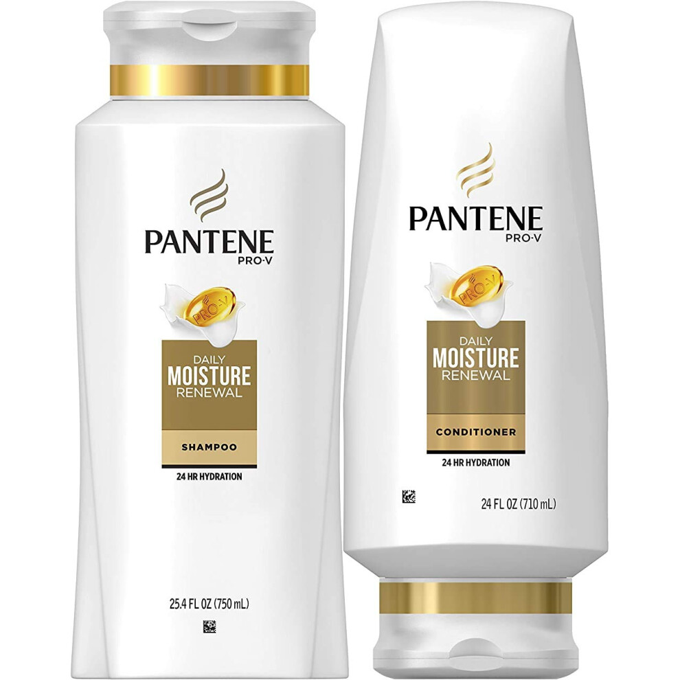 Pantene Moisturizing Shampoo 25.4 OZ And Silicon-Free Conditioner 24 OZ For Dry Hair Daily Moisture Renewal Bundle Pack Packaging May Vary