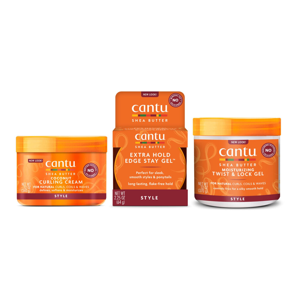 Cantu Hair Treatment Kit With Coconut Curling Cream Edge Stay Gel And Twist & Lock Gel With Shea Butter For Natural Hair Packaging May Vary