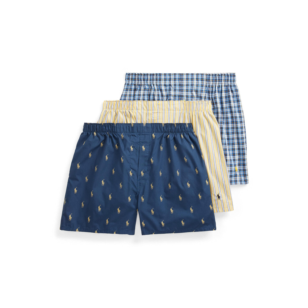 POLO RALPH LAUREN Men's Classic Fit Woven Cotton Boxers Rustic Navy/Campus Yellow Summer Stripe/Cruise Navy Sag Harbor Plaid/Polo Yellow Medium