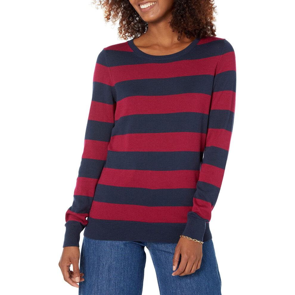 Amazon Essentials Women's Long-Sleeve Lightweight Crewneck Sweater Available In Plus Size Burgundy Navy Rugby Stripe X-Large