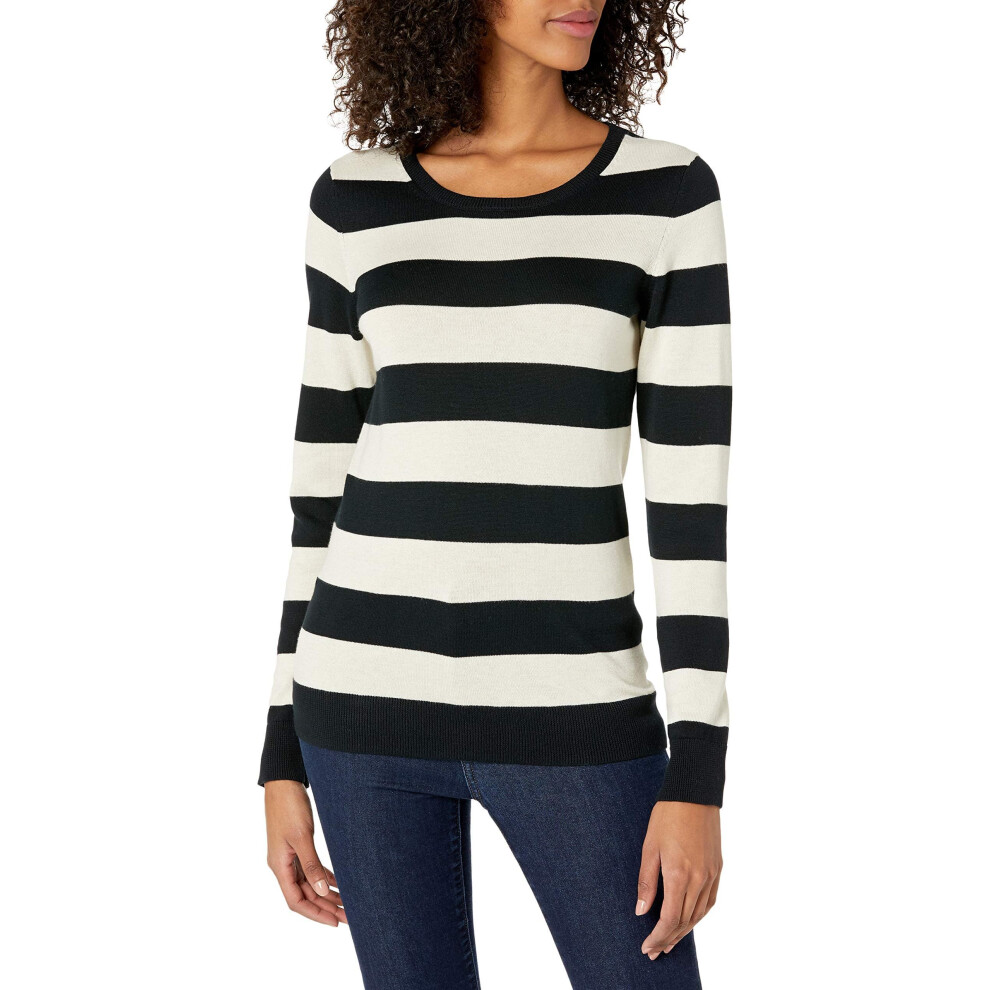 Amazon Essentials Women's Long-Sleeve Lightweight Crewneck Sweater Available In Plus Size Black Oatmeal Heather Rugby Stripe Medium