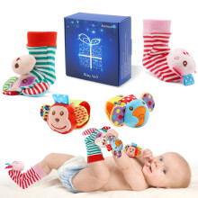 SSK Soft Baby Wrist Rattle Foot Finder Socks Set Cotton and Plush Stuffed Infant Toys Birthday Holiday Birth Present for Newborn Boy Girl 0/3/4/6/7/8/