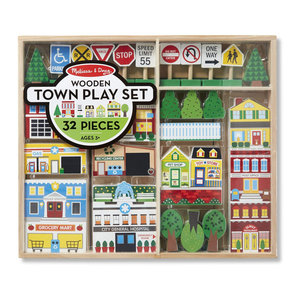 Melissa & Doug FFP - Pretend Play Wooden Town Play Set For Kids With Storage