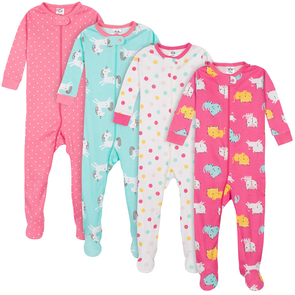 Gerber Baby Girls' 4-Pack Footed Pajamas  Unicorns Cats Pink  4T