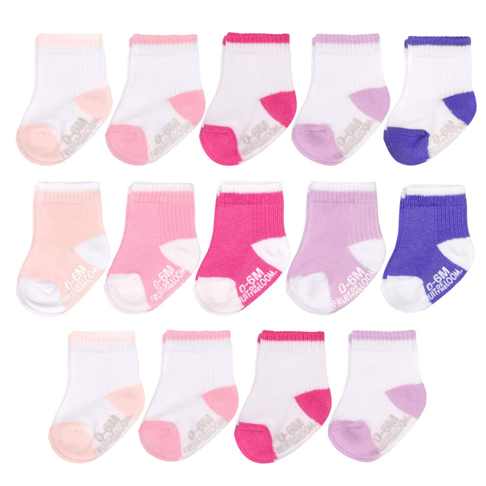 Fruit Of The Loom Baby 14-Pack Grow & Fit Flex Zones Cotton Stretch Socks - Unisex Girls Boys 6-12 Months Pink Pop