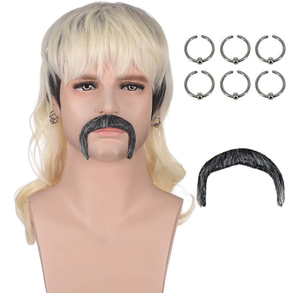 Amzcos 70S 80S Rocker Mullet Wig Set For Men | Dark Roots Short Blonde Wavy Wigs For Mens Halloween Cosplay Party With 6 Earrings And Mustache