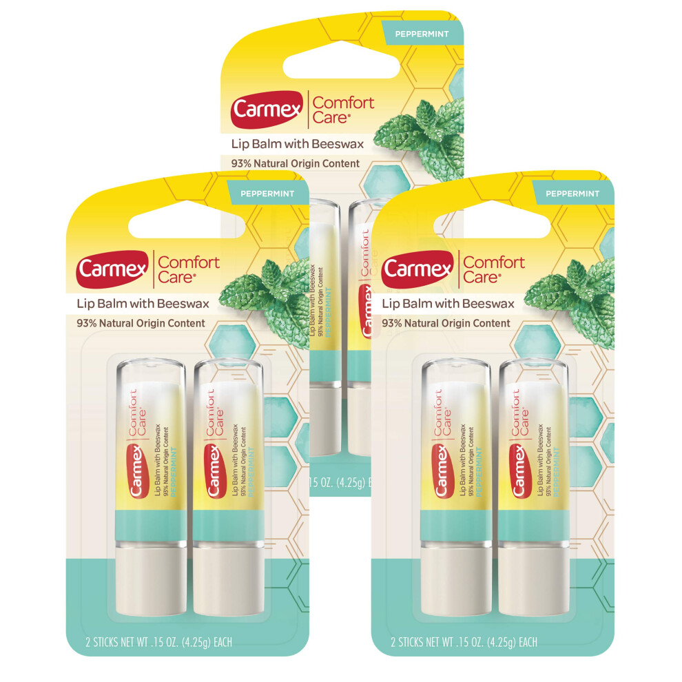 Carmex Comfort Care Lip Balm Sticks With Beeswax Peppermint Lip Balm Flavor 6 Count 3 Packs Of 2