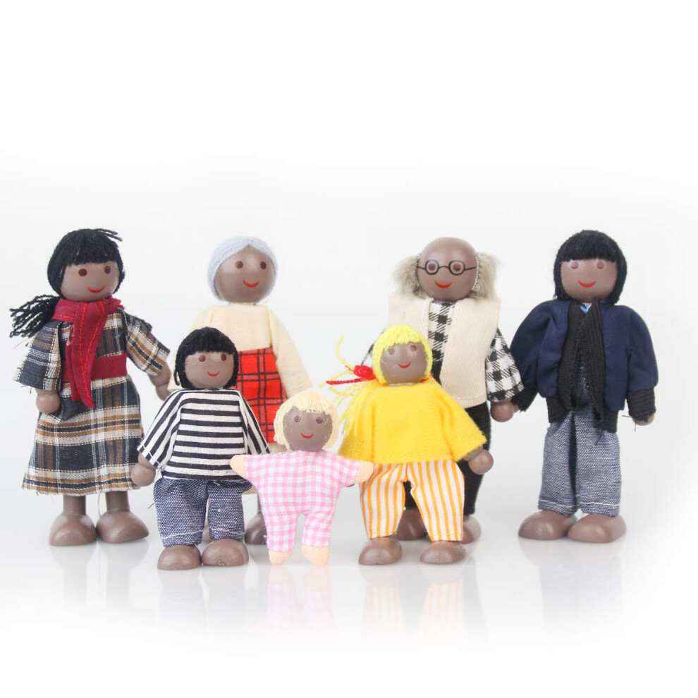 Maison de poupée en bois noire avec 7 figurines familiales, maison de poupée miniature, maison de poupée en bois, personnages à habiller pour fam