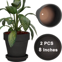 8 Inch Black Clay Pot for with Saucer - 2 Pack Large Terra Cotta Plant Pot with Drainage Hole Flower Pot with Tray Terracotta Pot for Indoor Outdoor