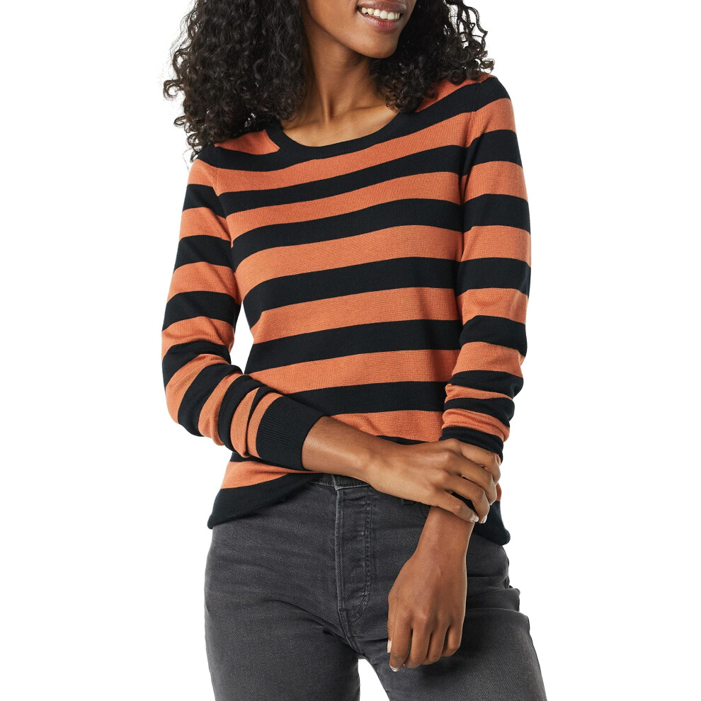 Amazon Essentials Women's Long-Sleeve Lightweight Crewneck Sweater Available In Plus Size Black Caramel Rugby Stripe X-Large