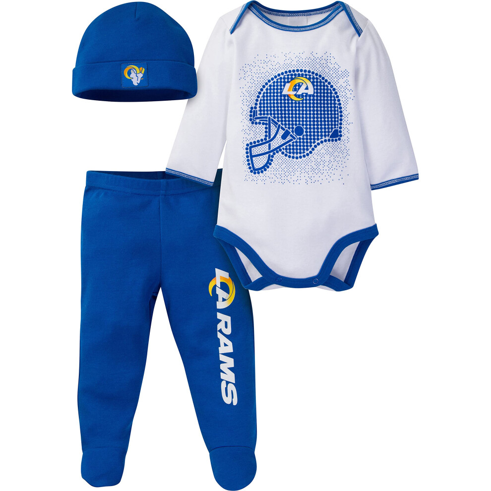 Gerber NFL Los Angeles Rams 3 Pack Bodysuit Footed Pant And Cap Registry Gift Set Blue Los Angeles Rams New 0-3 Months