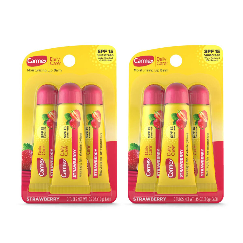 Carmex Daily Care Moisturizing Lip Balm With SPF 15 Strawberry Lip Balm Tubes 0.35 OZ Each - 3 Count Pack Of 2