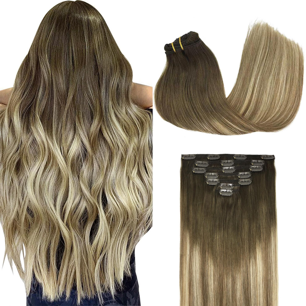 Goo Goo Unisex Clip In Hair Extensions Real Human Hair Remy Human Hair Extensions Clip Ins For Women Natural Human Hair 16Inch 120G 7Pcs 3/8/613 Balayage