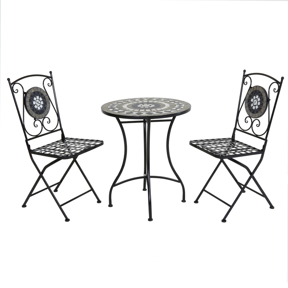 Charles Bentley Round Wrought Iron Mosaic Bistro Set for Two Garden & Outdoor Dining Antique Look - Black and Grey