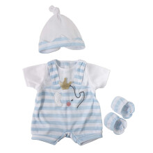JC Speelgoed | Berenguer-boetiek | Babypop-outfit | Blauwe strepen en witte overall shorts | Inclusief hoofdband en laarsjes | Leeftijden 2+ | Past o