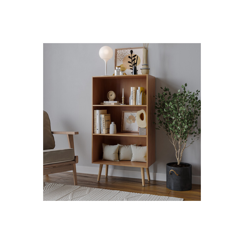 (Beech, Beech) 60cm Wide 3 Tier Bookcase Storage Cabinet Scandinavian Style Legs Dining Room Display