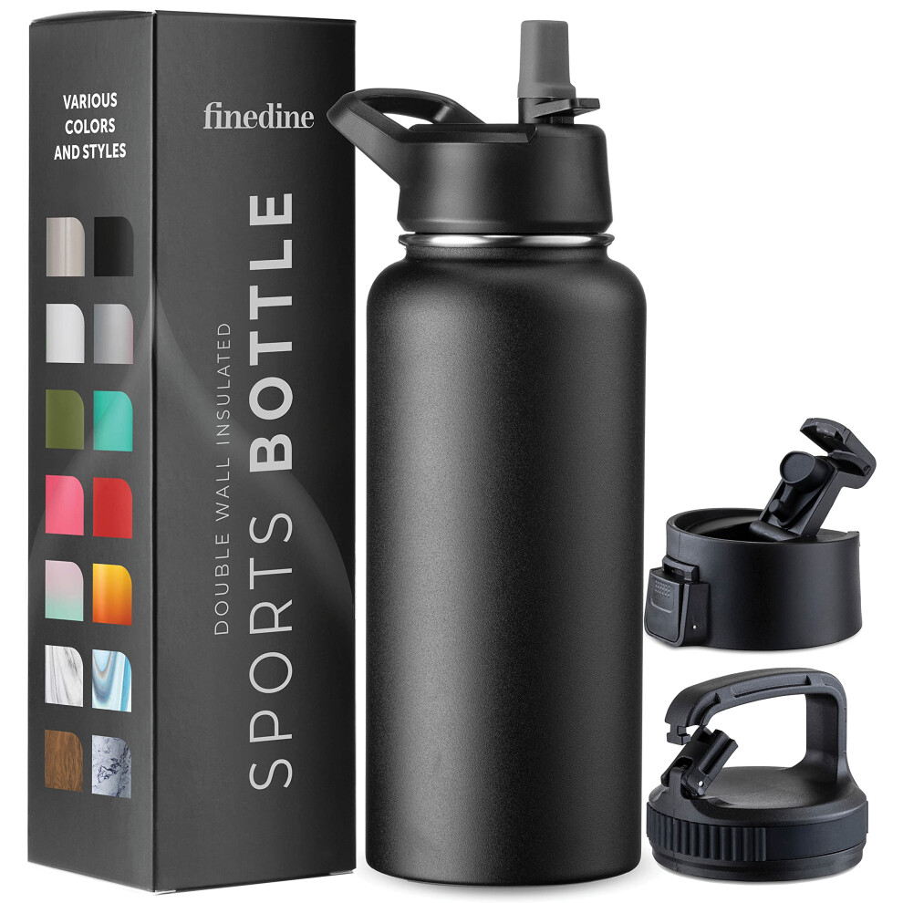 FineDine Triple Walled  Insulated Water Bottles with Straw - 32 Oz Stainless Steel Metal Bottle W/ 3 Leak Proof Lids - For Travel  School  Sports  Gym-image-OPC-PFY7H88-NEW