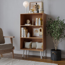 (Beech, White) 60cm Wide 3 Tier Bookcase Storage Cabinet Scandinavian Style Legs Dining Room Display