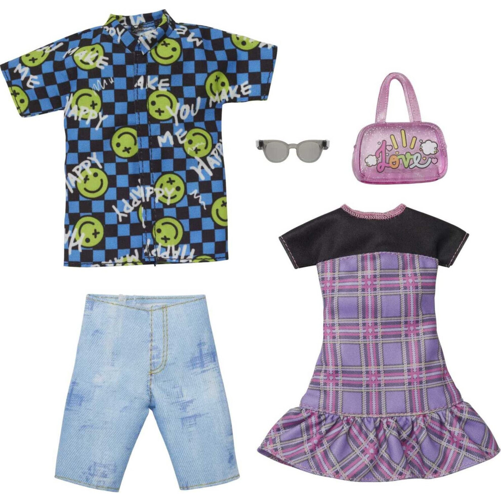 Barbie & Ken Fashions 2-Pack Clothing & Accessories Set 1 Plaid Dress & Purse For Barbie Doll & 1 Smiley Face Shirt Denim Shorts & Sunglasses For Ke