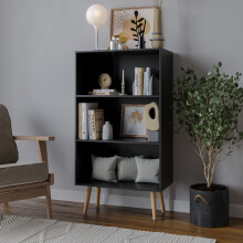 (Black, Beech) 60cm Wide 3 Tier Bookcase Storage Cabinet Scandinavian Style Legs Dining Room Display
