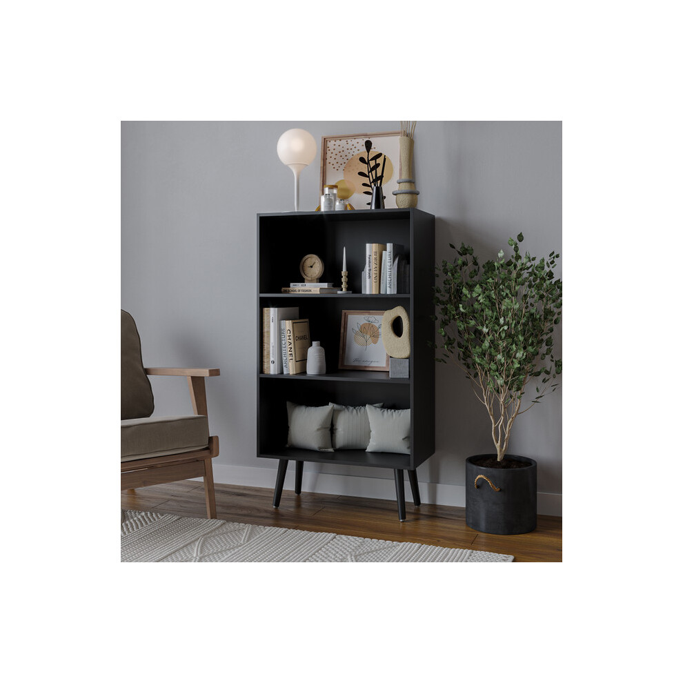 (Black, Black) 60cm Wide 3 Tier Bookcase Storage Cabinet Scandinavian Style Legs Dining Room Display