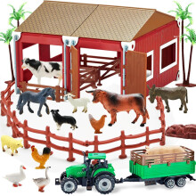 Bolzra Mini Barn Farm Toys Playset 66pcs Plastic Animals Figurer og hegn Farm Playset Farm Figurer Farmer Vehicle Toy Truck med trailer til 3-12