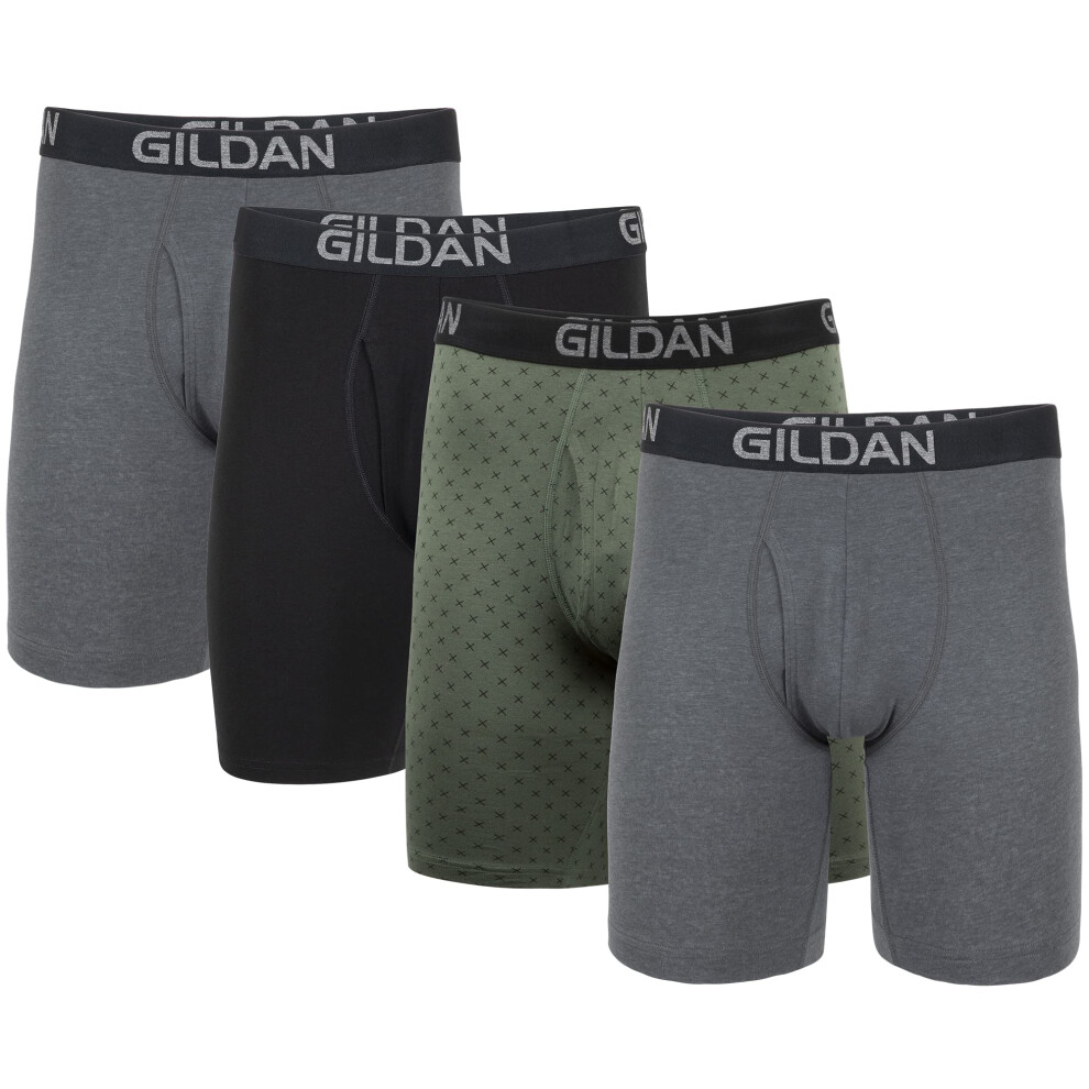 Gildan Men's Underwear Cotton Stretch Boxer Briefs Multipack Heather Dark Grey/Green Midnight/Blk 4-Pack Large