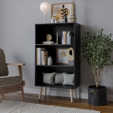 (Black, Pine) 60cm Wide 3 Tier Bookcase Storage Cabinet Scandinavian Style Legs Dining Room Display