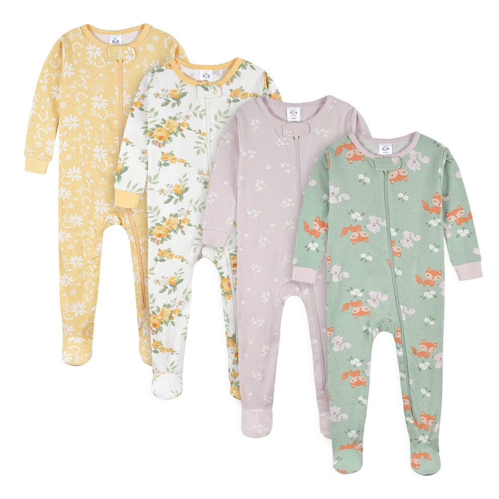 Gerber Baby Girl's 4-Pack Footed Pajamas Roses And Fox 5T