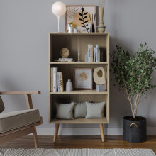 (Oak, Beech) 60cm Wide 3 Tier Bookcase Storage Cabinet Scandinavian Style Legs Dining Room Display